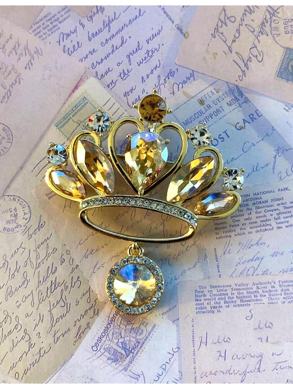 Champagne Crystal Crown Brooch Tiara Statement Pin Regal Pageant Dangle Jewelry
